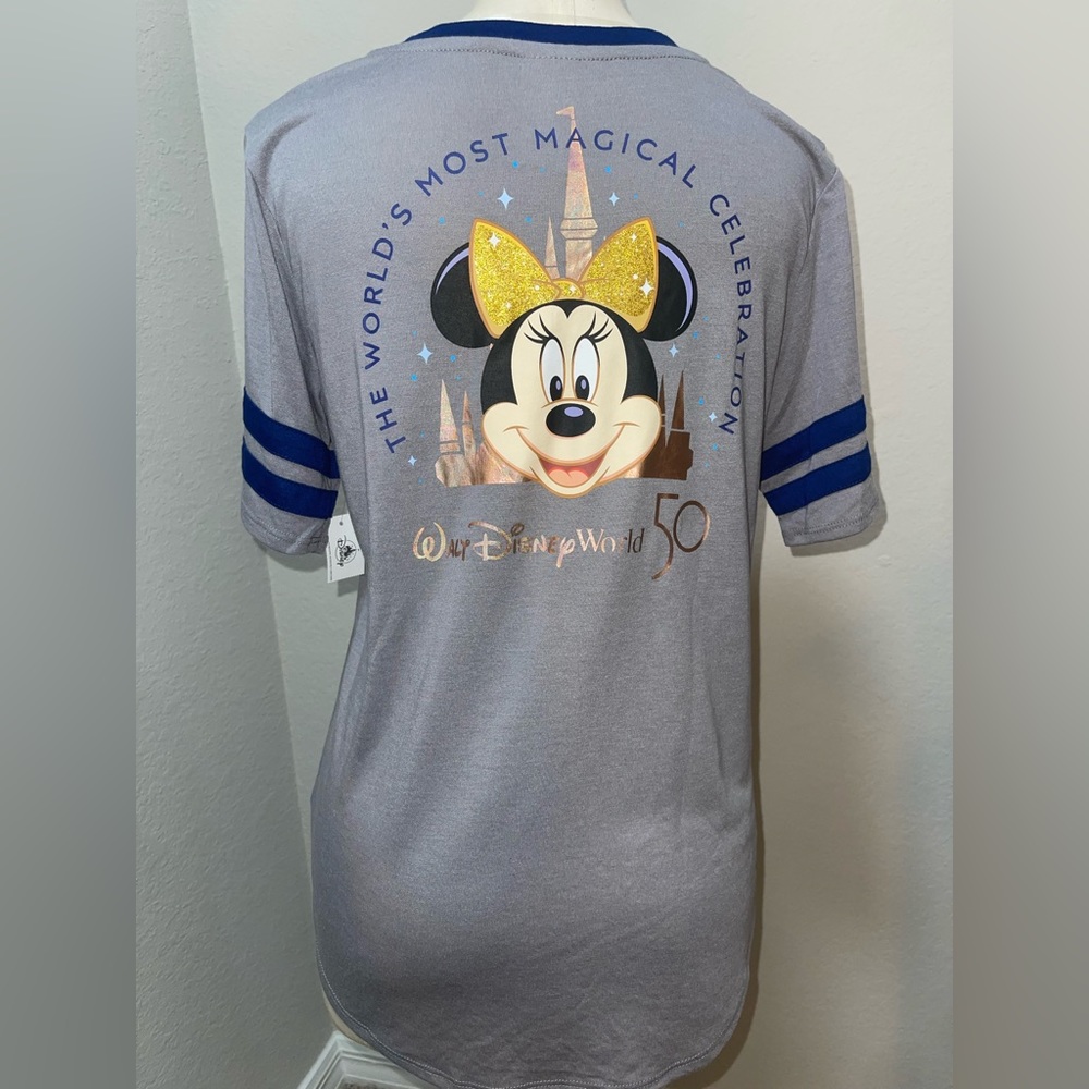 WALT DISNEY WORLD 50th Anniversary MINNIE MOUSE CASTLE V-Neck T-Shirt NWT